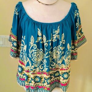 NATURAL LIFE Teal and Cream Floral Crop Blouse